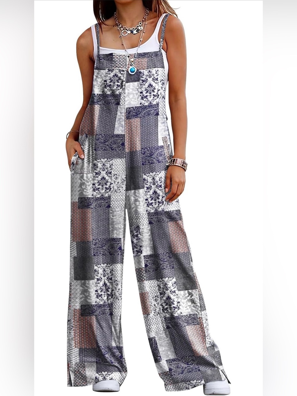 Bohemian Greyscale Patchwork Wide Leg Overalls Adjustable Straps Pockets  2XL